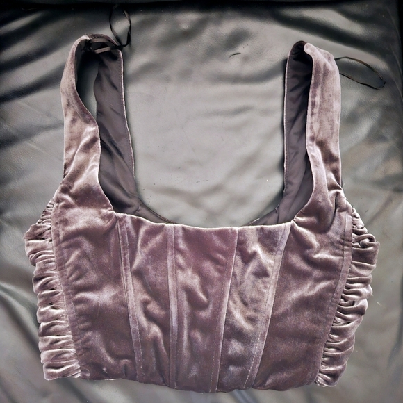 Zara Velour Velvet Metal Gray Stretchy Corset Ruched Crop Top Sz M - Picture 6 of 9